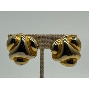 Vtg LES BERNARD Huge Runway Clip EARRINGS Puffed Twisted Gold 1 1/4"